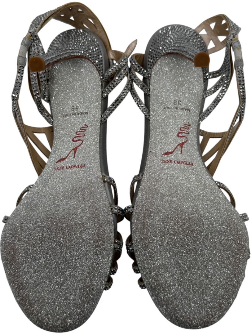 René Caovilla Silver Crystal-Embellished Sandals – Size 39