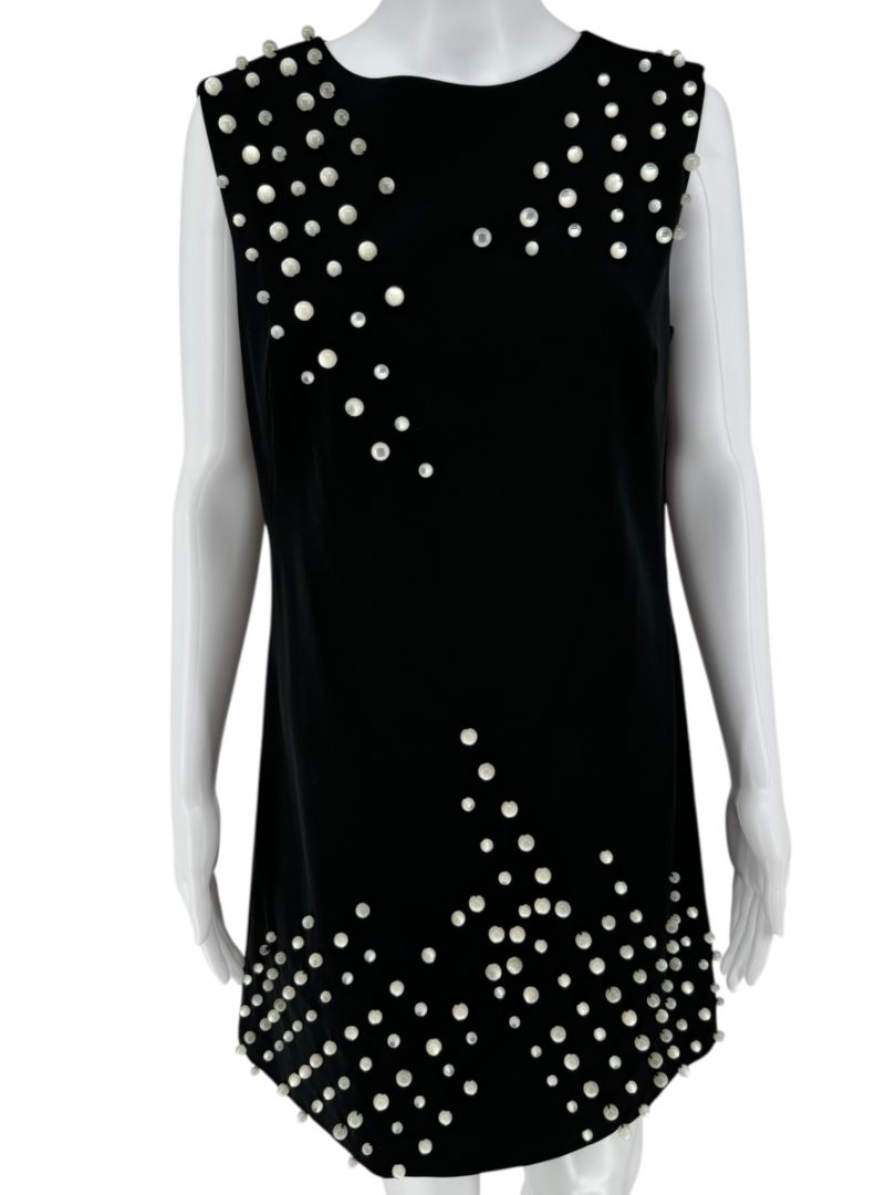 Pamella Roland Black Sleeveless Shift Dress with Pearl Embellishments – Large