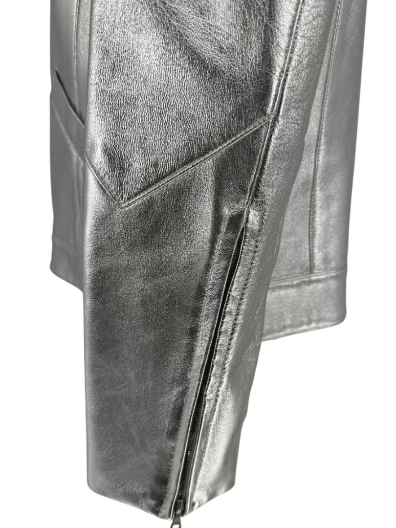 Pamella Roland Silver Metallic Leather Moto Jacket – Size 8