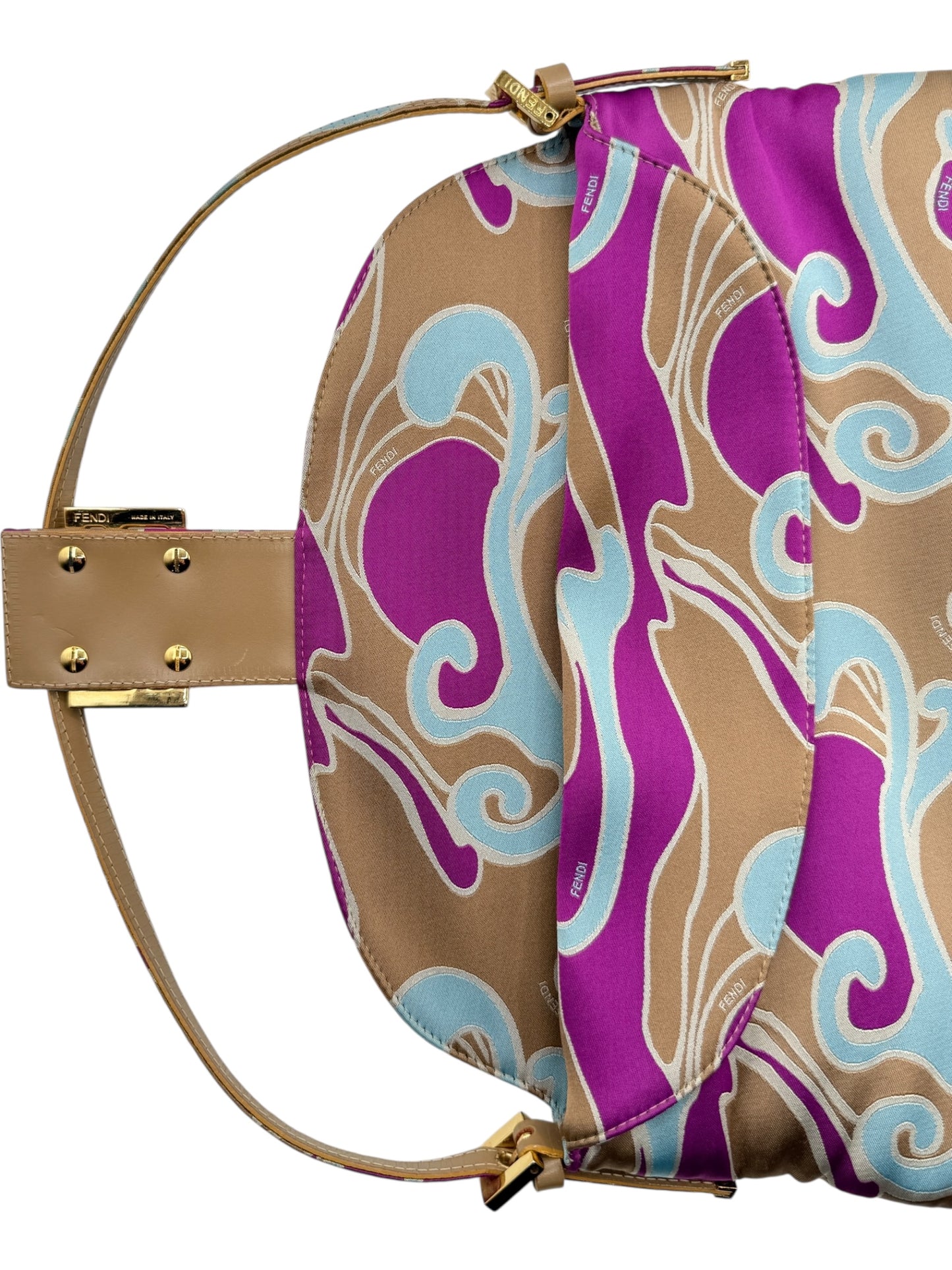 Fendi 2001 Multicolor Satin Psychedelic Print Baguette "Momma" Shoulder Bag
