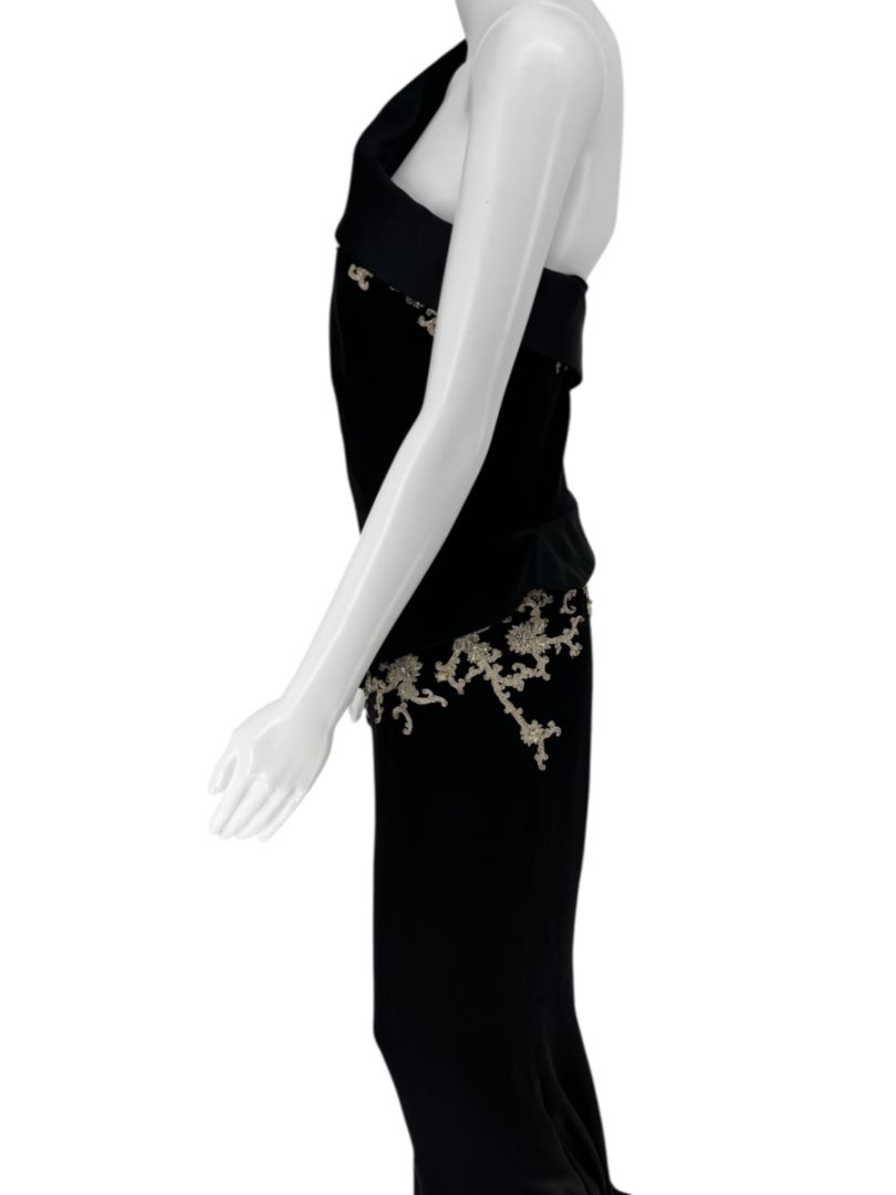 Pamella Roland Black One-Shoulder Gown with Embroidered Gold Appliqué - Large