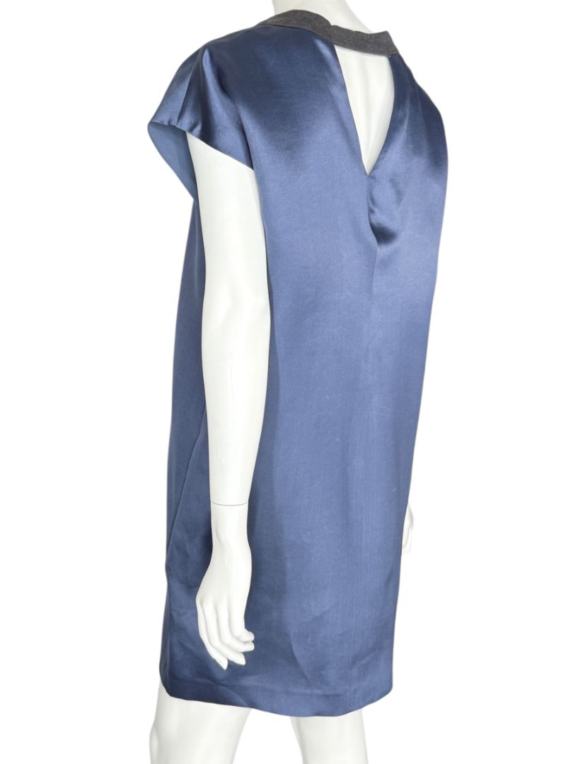 NWT Brunello Cucinelli Navy Silk Shift Dress with Contrast Trim – Size XL