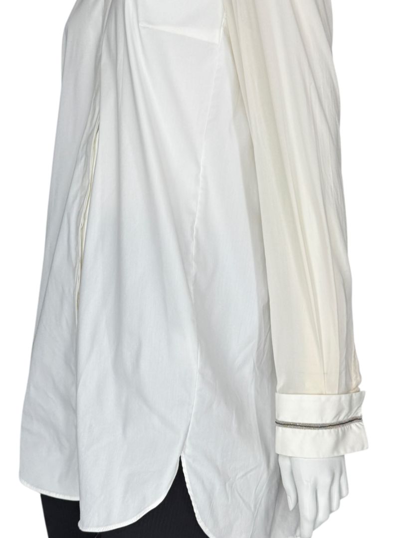 Brunello Cucinelli White Long Sleeve Blouse with Monili Trim Cuffs – Size XL
