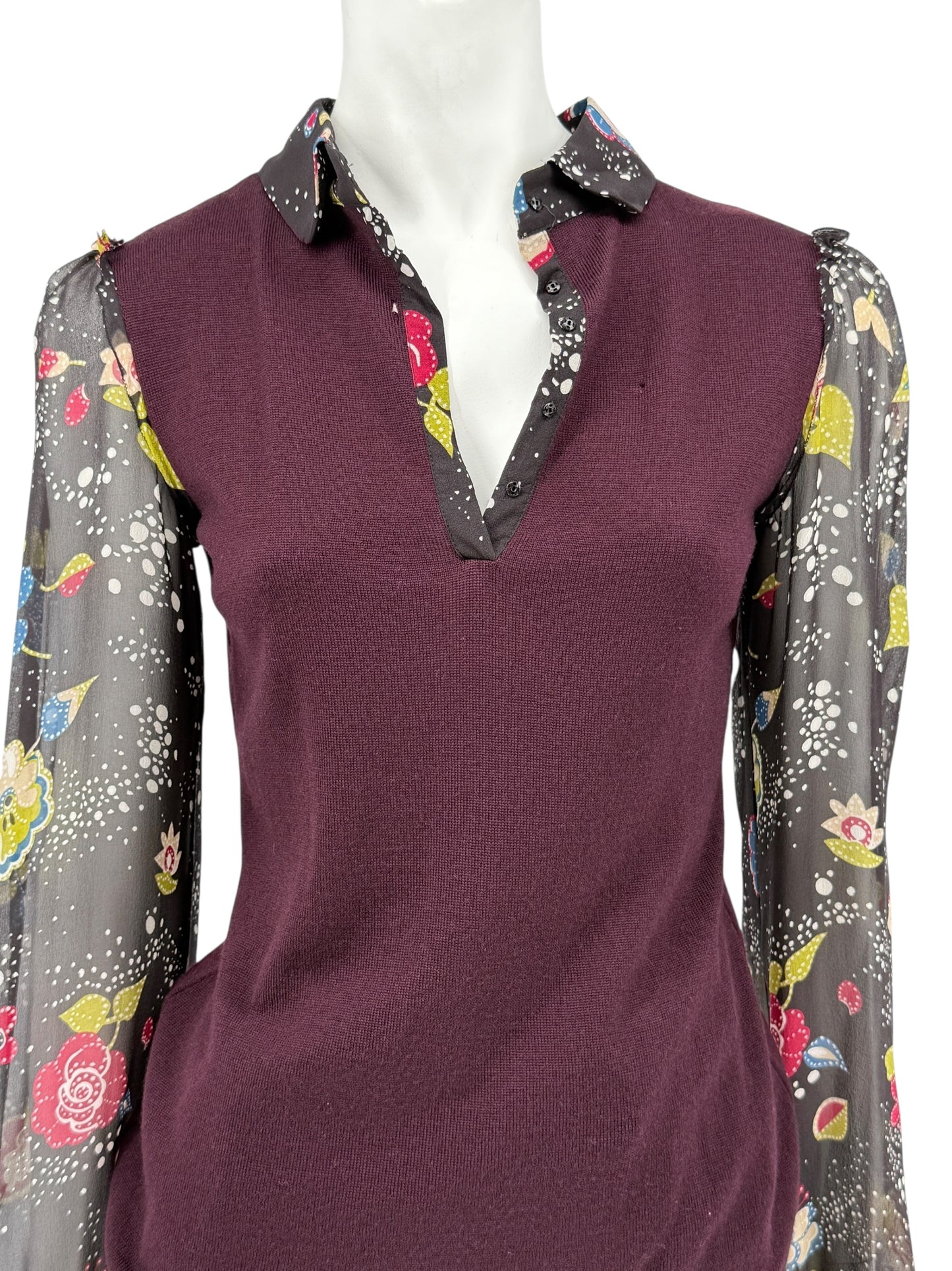 Moschino Virgin Wool Sweater with Sheer Floral Sleeves – Size 8 (IT 38)