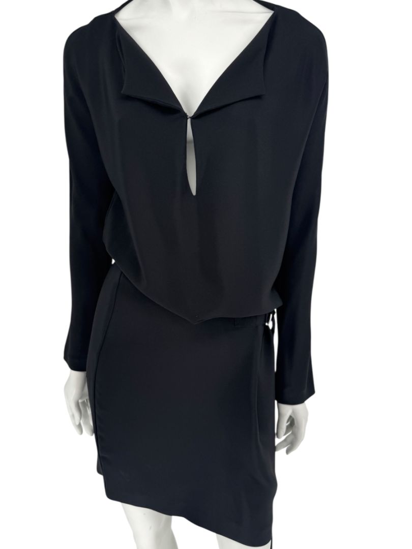 Pamella Roland Black Drape-Front Long Sleeve Belted Mini Dress – Large