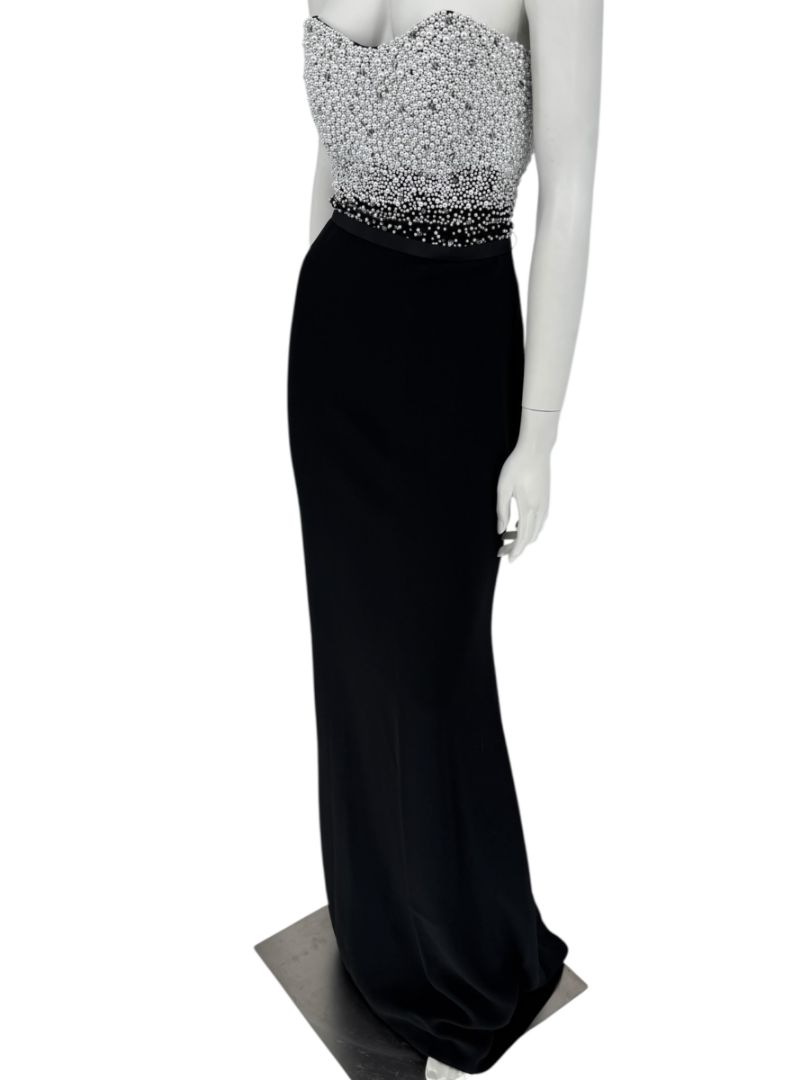 Pamella Roland Black Strapless Gown Silver Pearl Crystal Beaded Bodice Size 8 Evening Dress