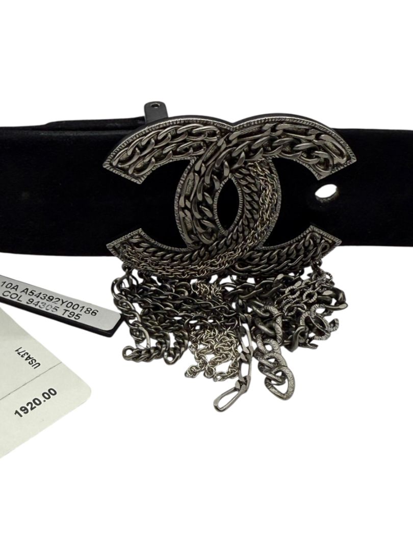 Chanel Ruthenium Chain-Fringe CC Belt – Black Suede – Very Good Condition