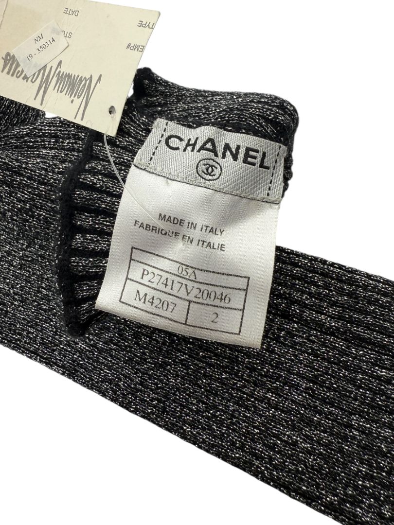 Chanel Gunmetal Silver Ribbed Long Fingerless Gloves with Box