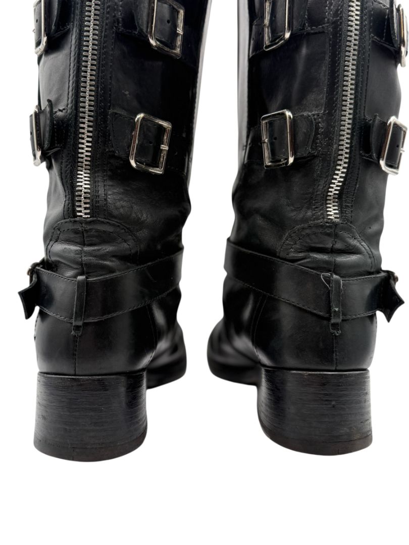 Chanel Black Leather Moto Boots with Silver Armor Plate – Size 40.5
