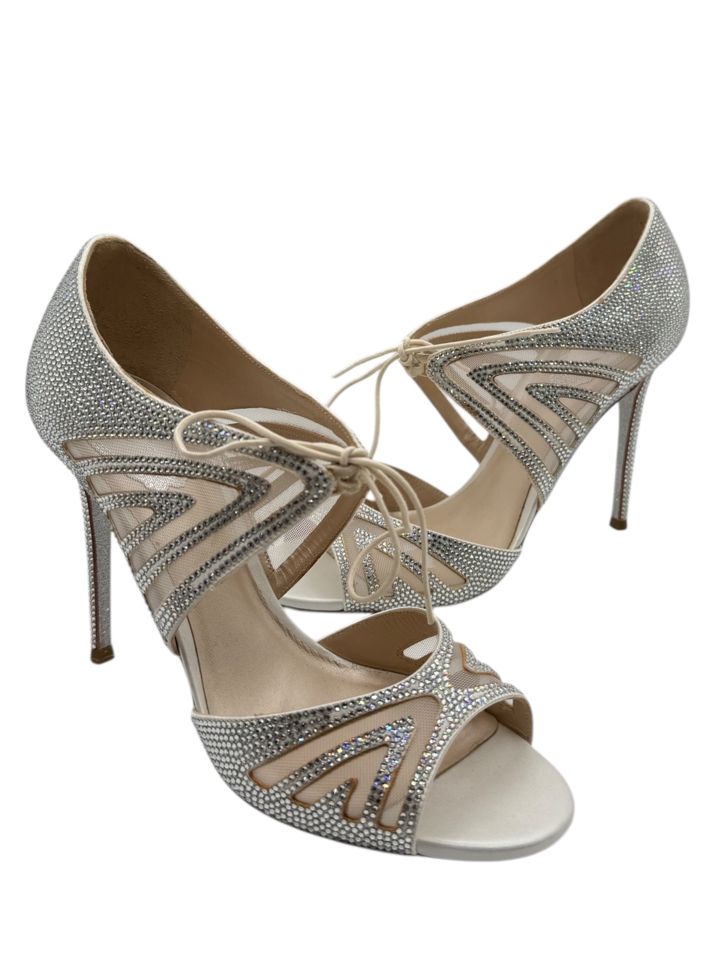 BNIB René Caovilla Silver Crystal Mesh Lace-Up Heels – Size 39