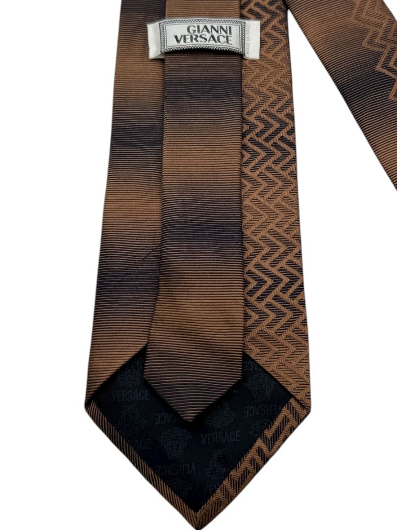 Gianni Versace Silk Tie – Brown Ombre with Geometric Chevron Pattern