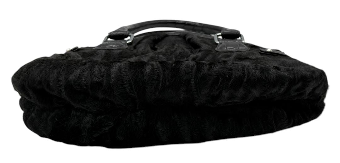 Darby Scott x Dennis Basso Black Faux Fur & Embossed Leather Satchel – Very Good Preowned Condition