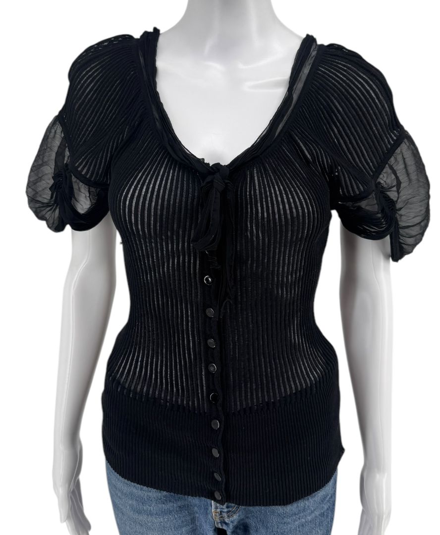 Jean Paul Gaultier Black Ribbed Sheer Top with Puff Sleeves - S