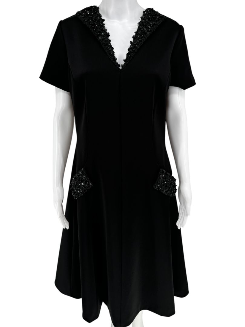 Pamella Roland Black A-Line Dress with Beaded Neckline & Pocket Detail - Large