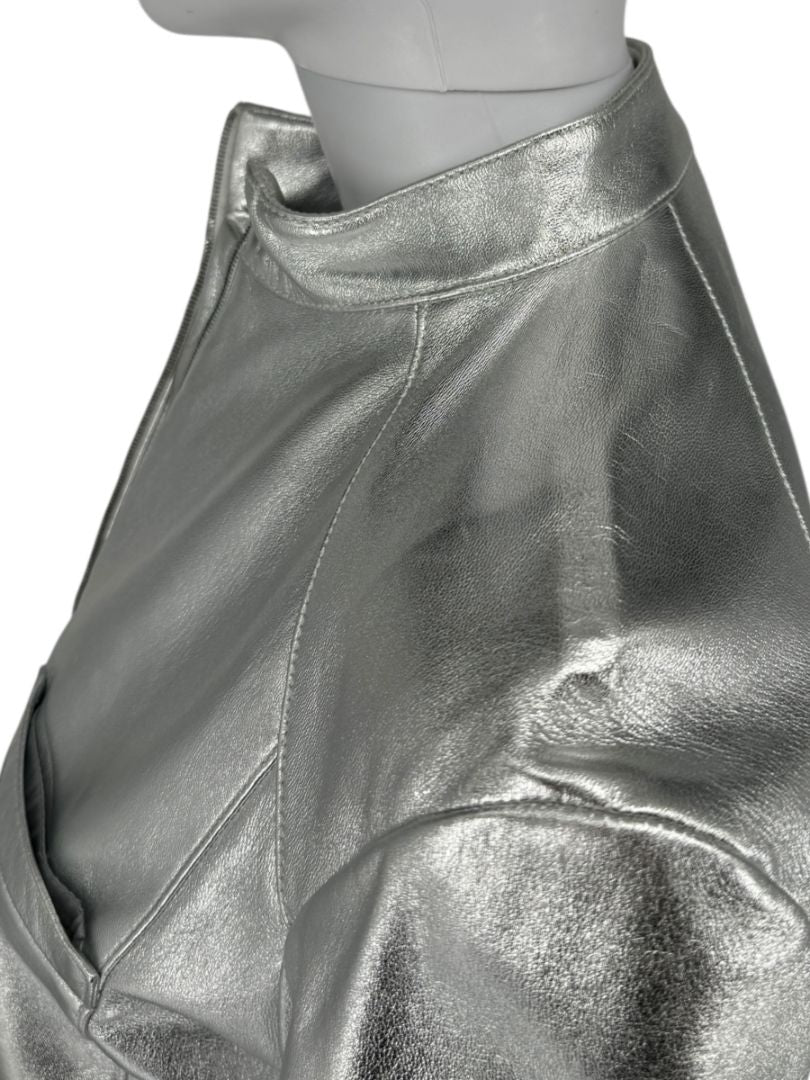Pamella Roland Silver Metallic Leather Moto Jacket – Size 8