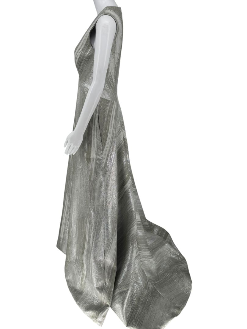 Pamella Roland Silver Metallic Sleeveless Gown with Plunging Neckline – Size 6