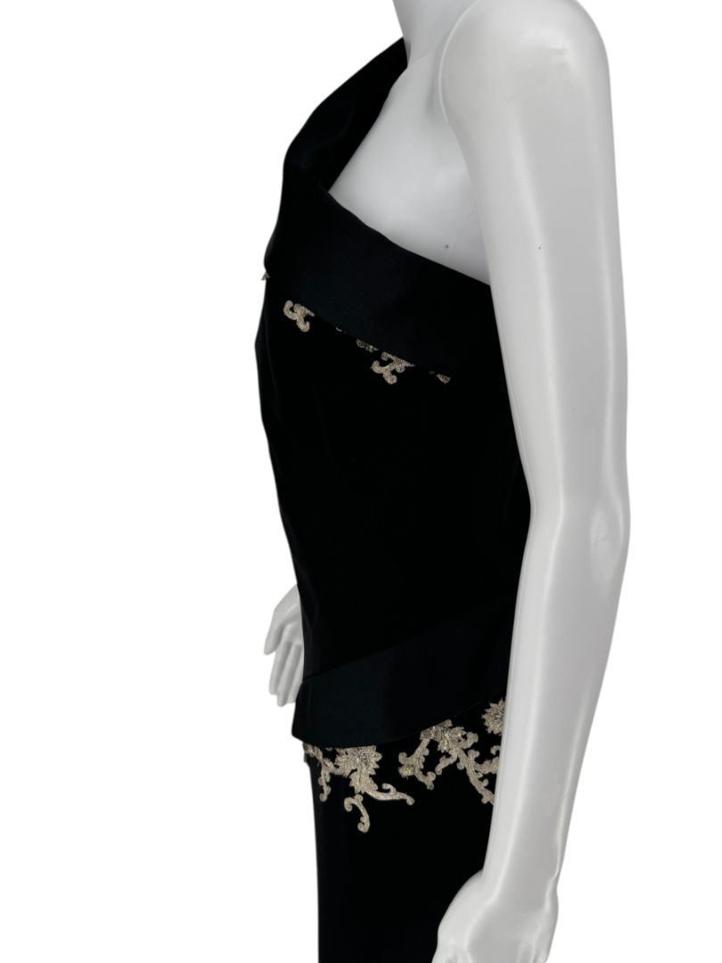 Pamella Roland Black One-Shoulder Gown with Embroidered Gold Appliqué - Large