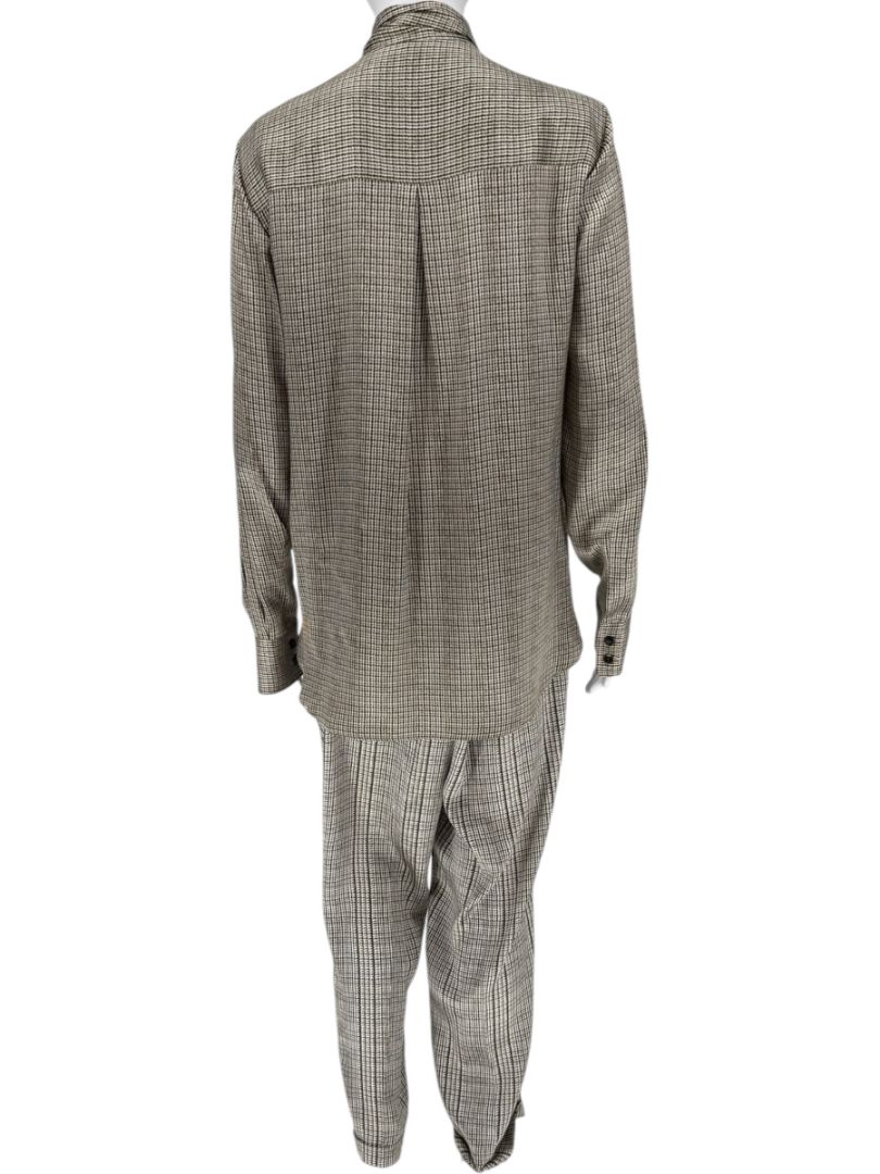 Kiton Olive & Taupe Silk Houndstooth Blouse and Pant Set – Size 46 (Fits M/L)