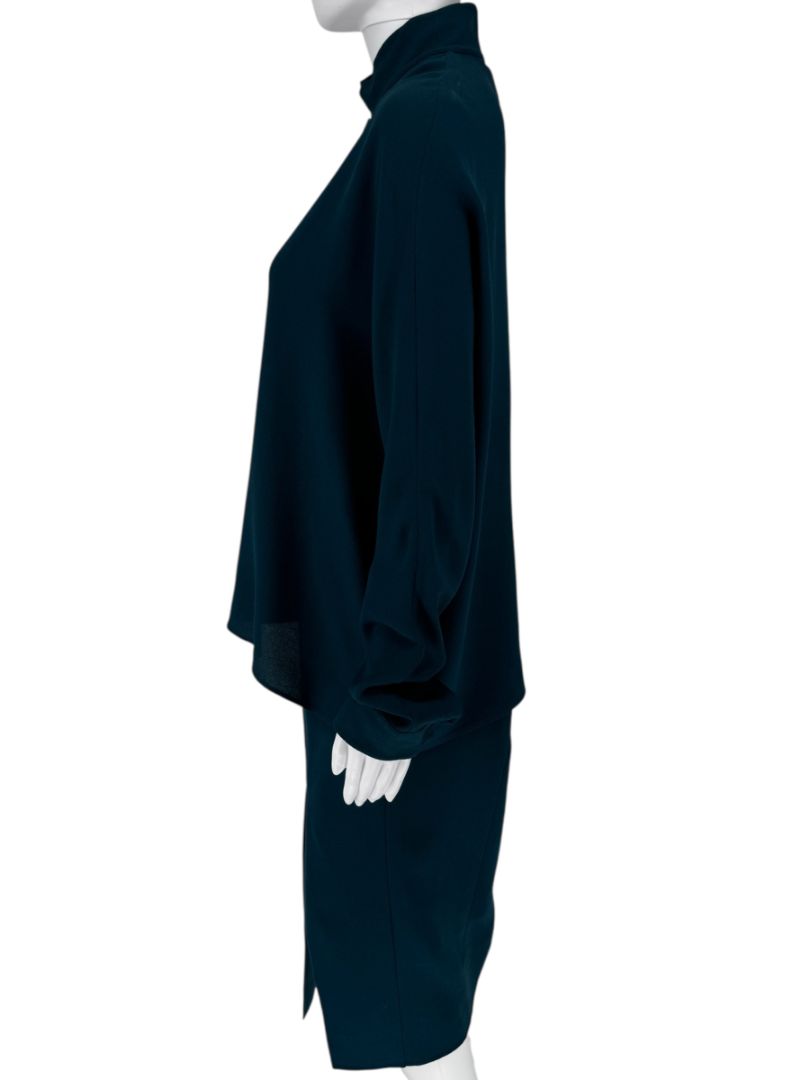 Akris Teal Double-Breasted Blouse & Skirt Set – Size 6 Top / Size 10 Skirt