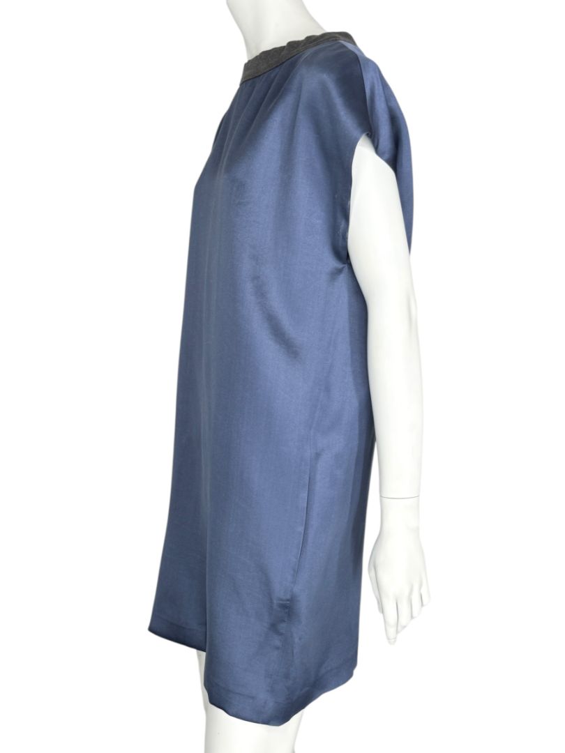 NWT Brunello Cucinelli Navy Silk Shift Dress with Contrast Trim – Size XL