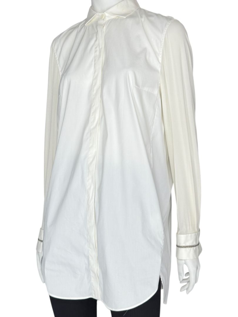 Brunello Cucinelli White Long Sleeve Blouse with Monili Trim Cuffs – Size XL