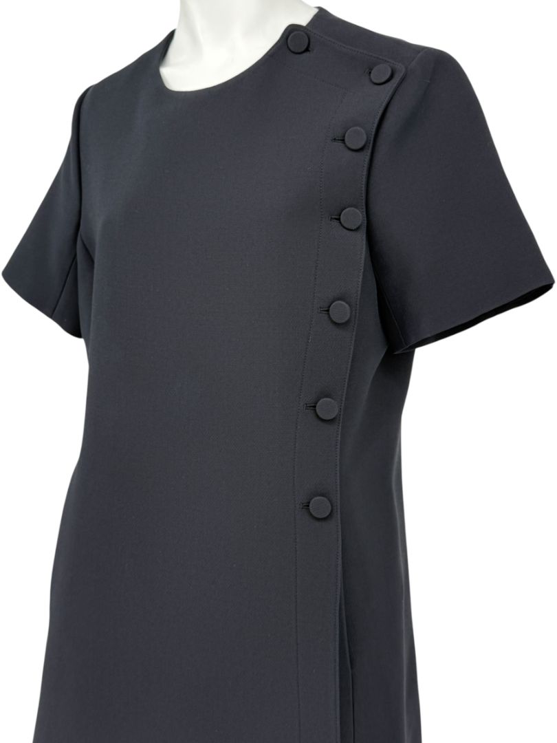 Christian Dior Paris Black Wool-Silk Shift Dress with Asymmetric Button Detail – Size FR 42 (US 10)