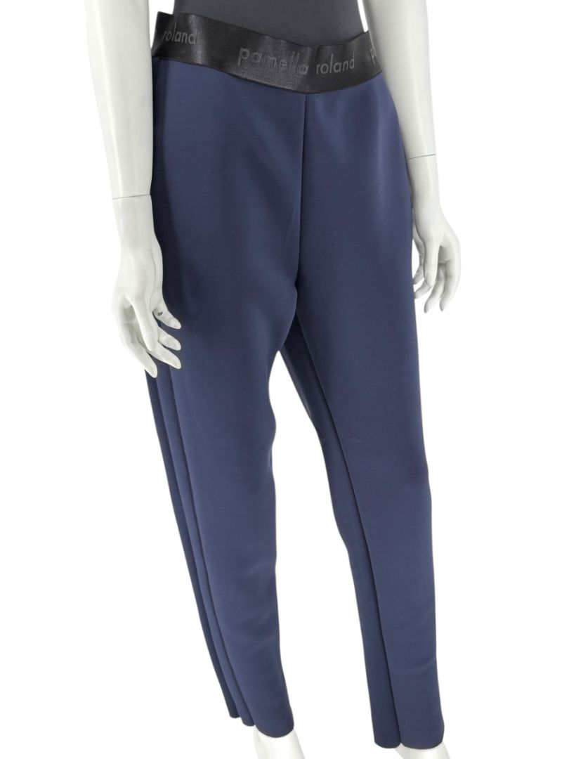 Pamella Roland Navy Slim-Leg Pants with Black Logo Waistband – Large