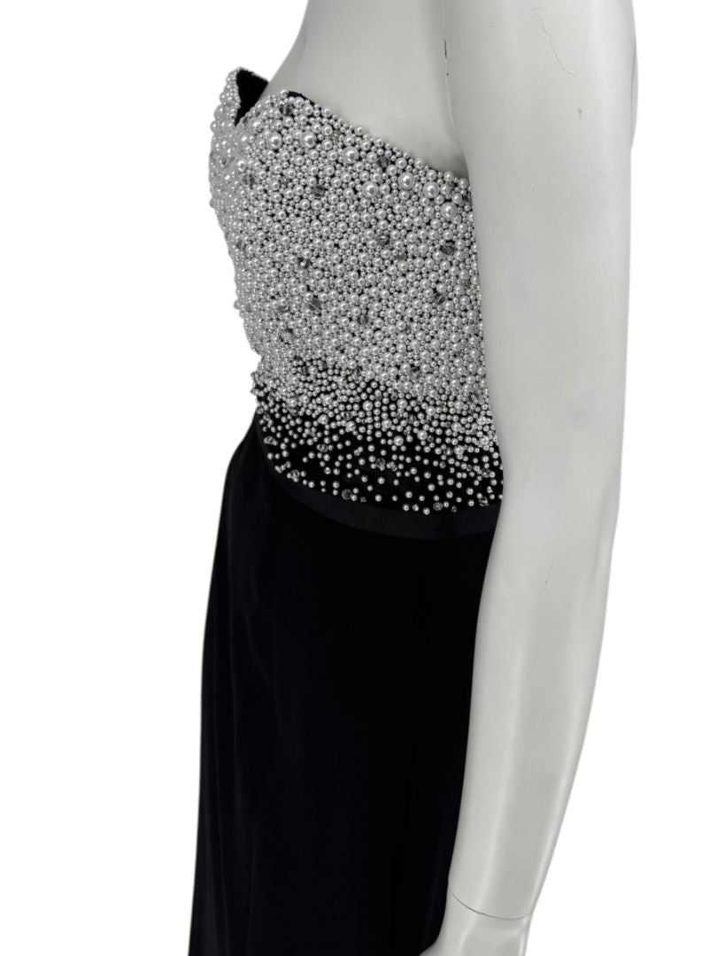 Pamella Roland Black Strapless Gown Silver Pearl Crystal Beaded Bodice Size 8 Evening Dress
