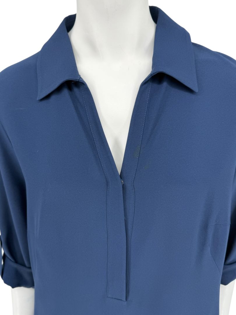 Akris Punto Navy Blue Viscose Acetate Tunic Dress Black Hem Roll Tab Sleeve - US 10