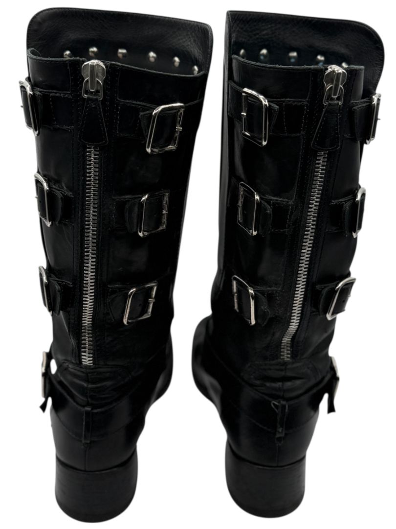 Chanel Black Leather Moto Boots with Silver Armor Plate – Size 40.5