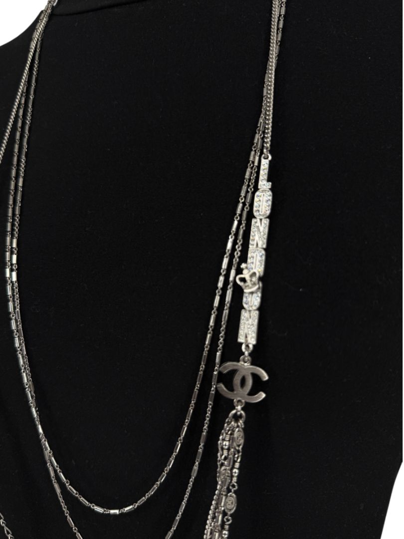 Chanel Silver Multi-Strand “Paris London” Crystal Chain Necklace