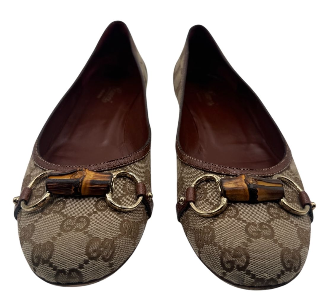 Gucci GG Canvas & Leather Bamboo Horsebit Flats – Size 11B (Made in Italy)