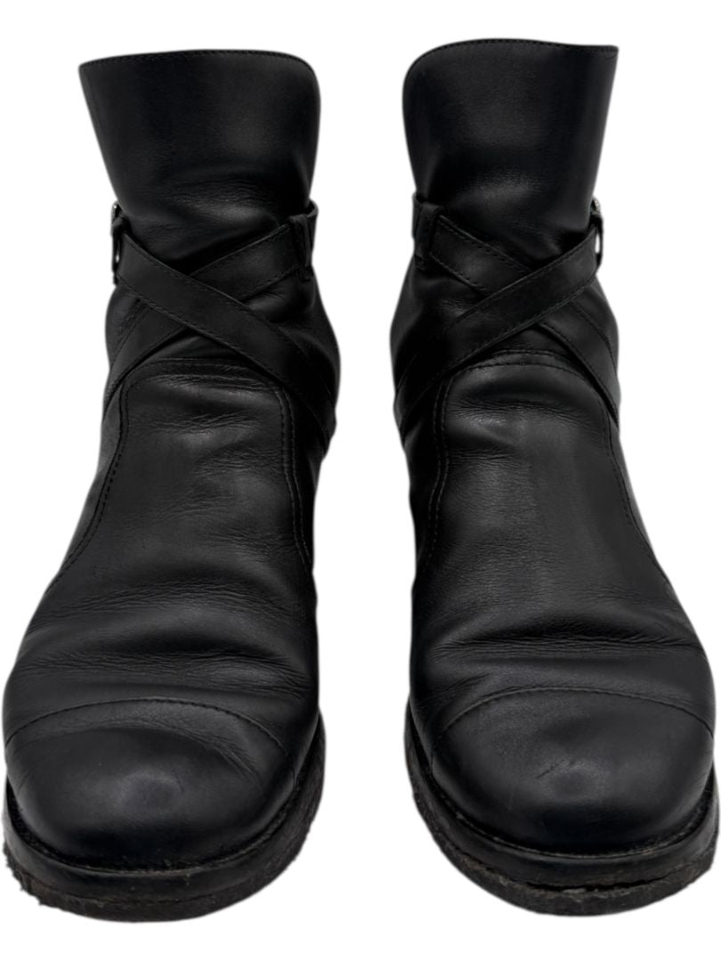 Chanel Black Leather Ankle Boots with Distressed Logo Heel – Size 40 (US 10)