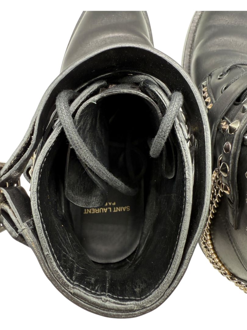 Saint Laurent Studded Leather Ankle Boots with Chains – Size 40