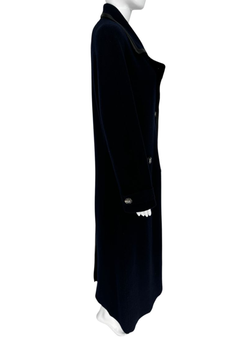 Giorgio Armani Navy Wool-Cashmere Coat with Leather Trim – Size 44