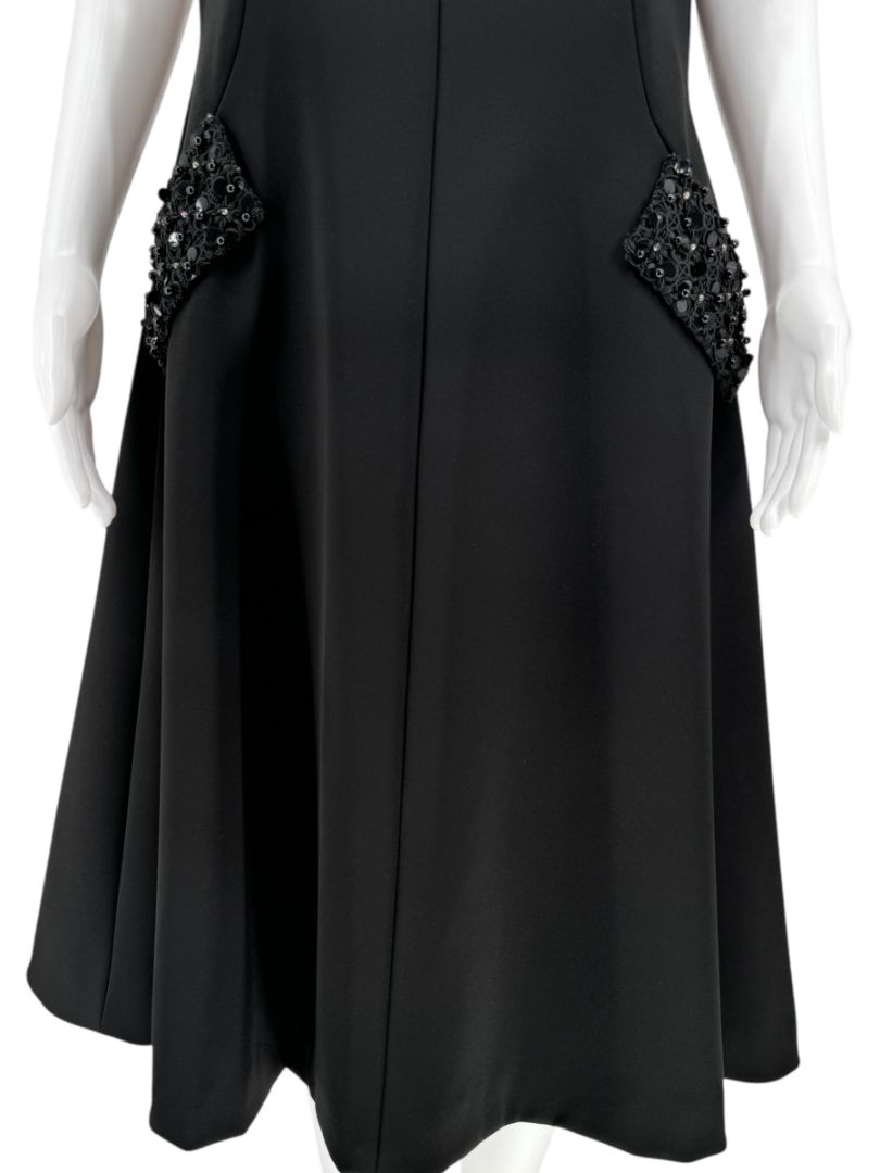 Pamella Roland Black A-Line Dress with Beaded Neckline & Pocket Detail - Large