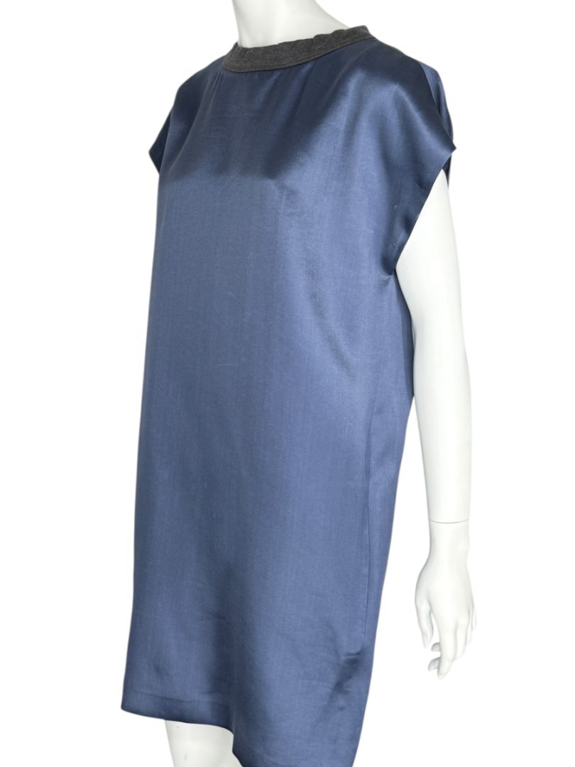 NWT Brunello Cucinelli Navy Silk Shift Dress with Contrast Trim – Size XL