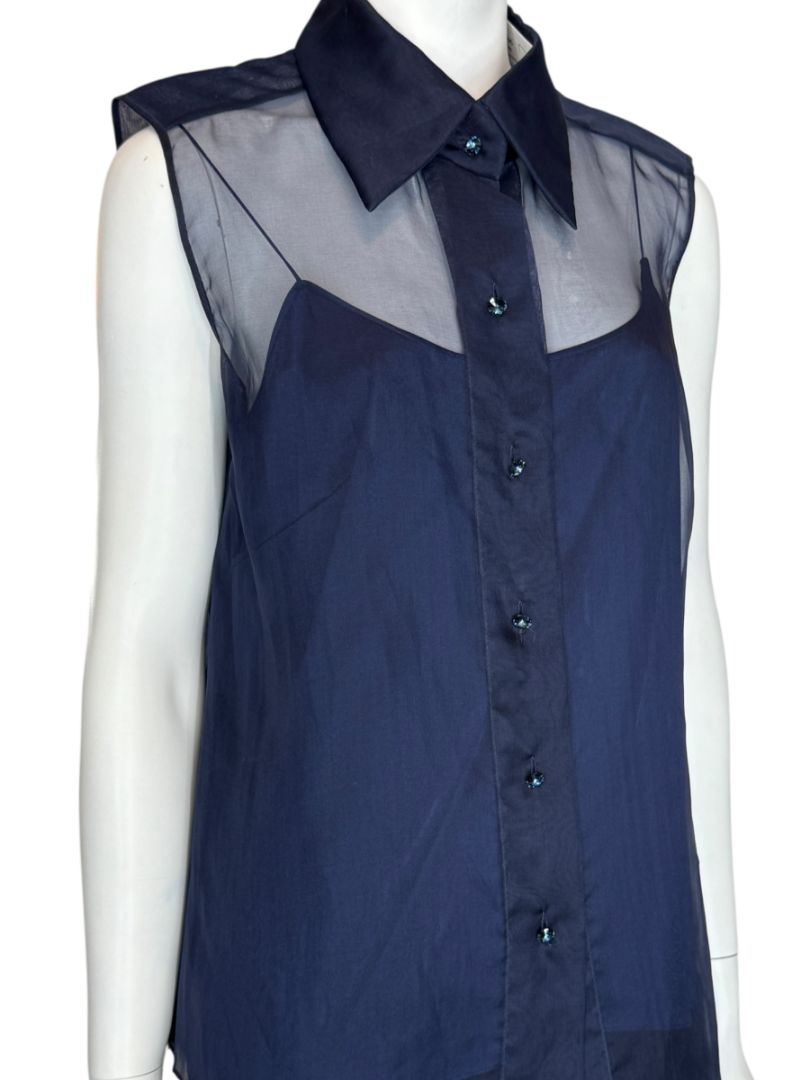 Pamella Roland Navy Organza Sleeveless Blouse with Jewel Buttons - Large