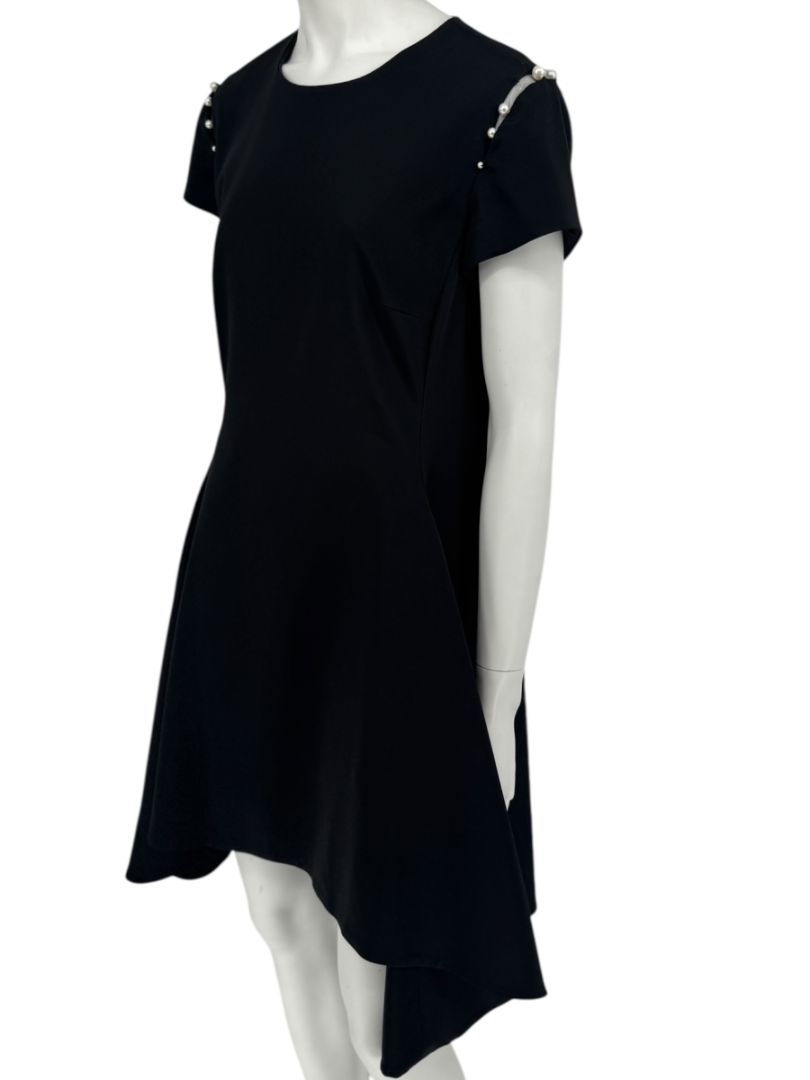 Pamella Roland Black Pearl-Trim Sleeve Handkerchief Hem Dress – Large