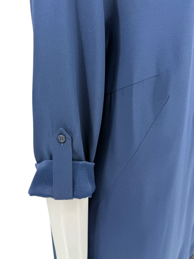 Akris Punto Navy Blue Viscose Acetate Tunic Dress Black Hem Roll Tab Sleeve - US 10