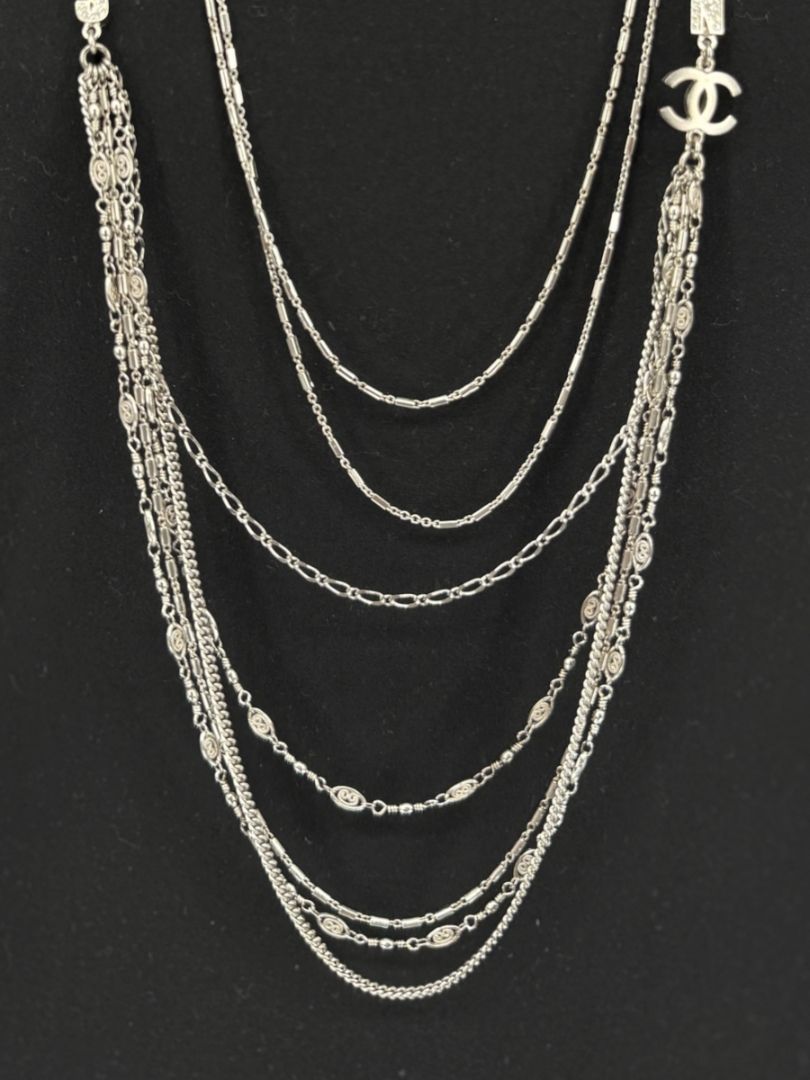 Chanel Silver Multi-Strand “Paris London” Crystal Chain Necklace