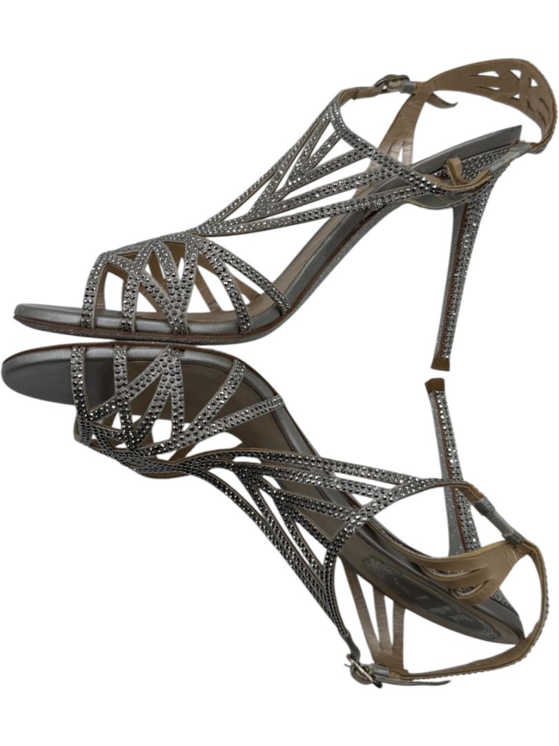 René Caovilla Silver Crystal-Embellished Sandals – Size 39