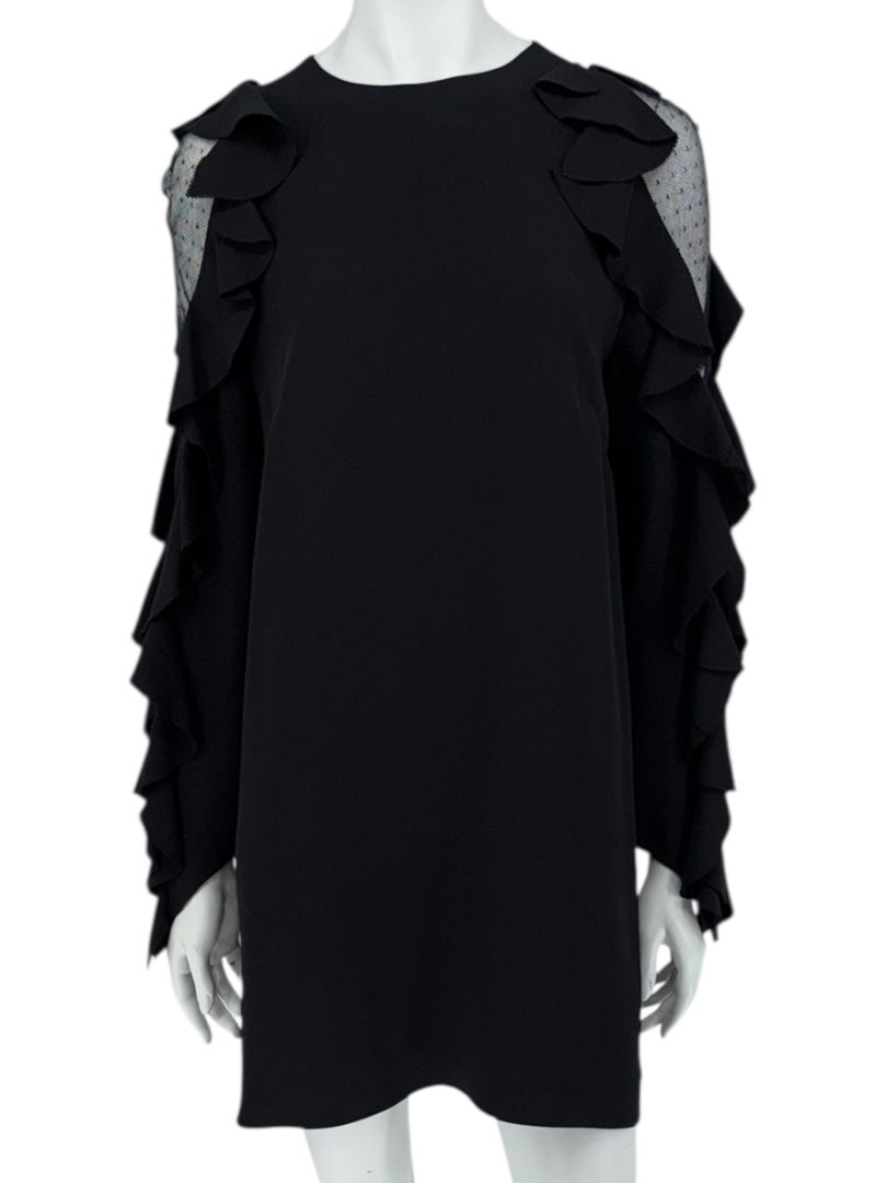 Valentino Black Long Sleeve Ruffle Mini Dress with Point d'Esprit Inset – Size US 10 / IT 46