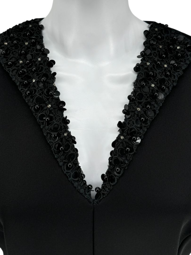 Pamella Roland Black A-Line Dress with Beaded Neckline & Pocket Detail - Large