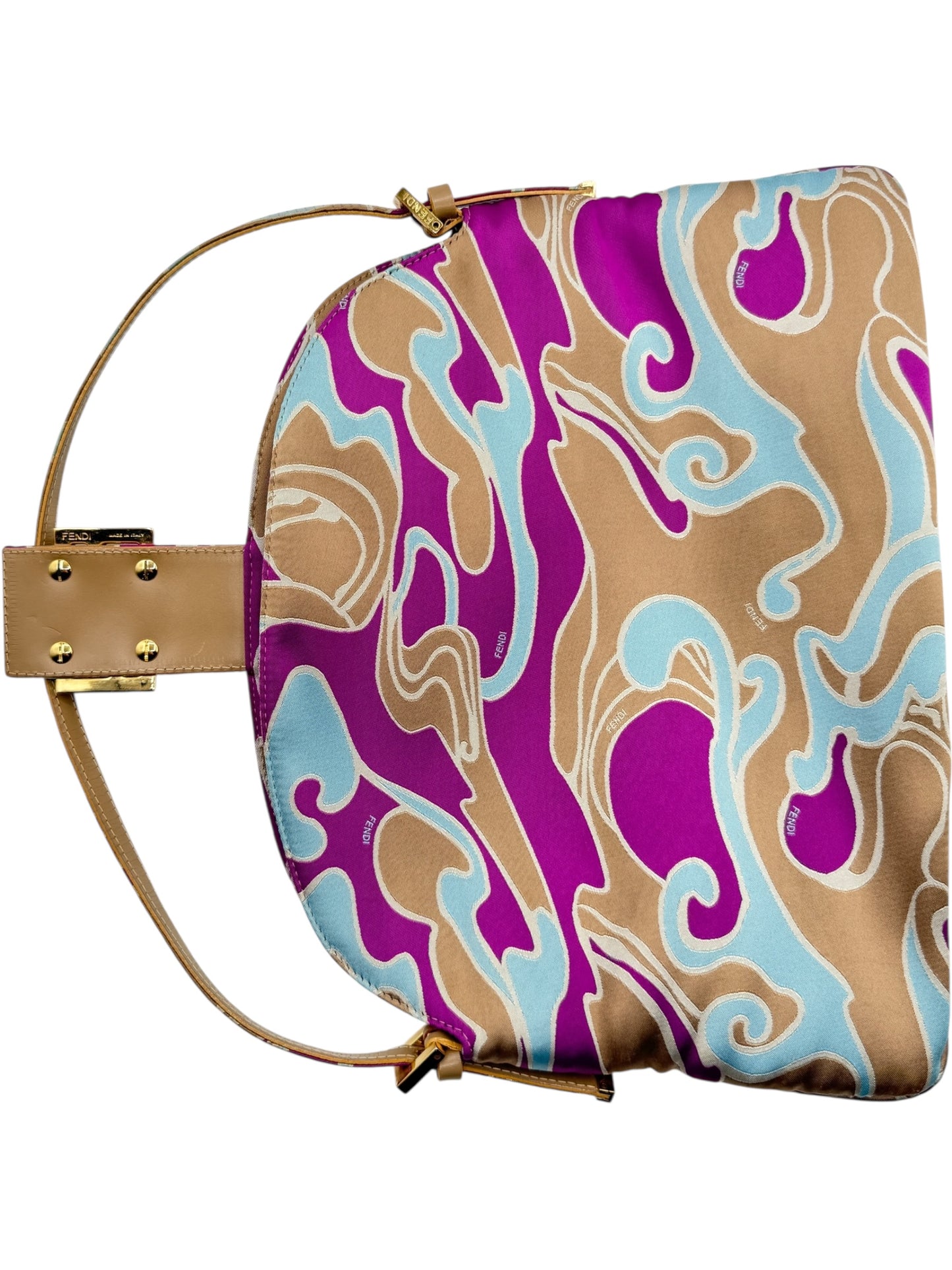 Fendi 2001 Multicolor Satin Psychedelic Print Baguette "Momma" Shoulder Bag