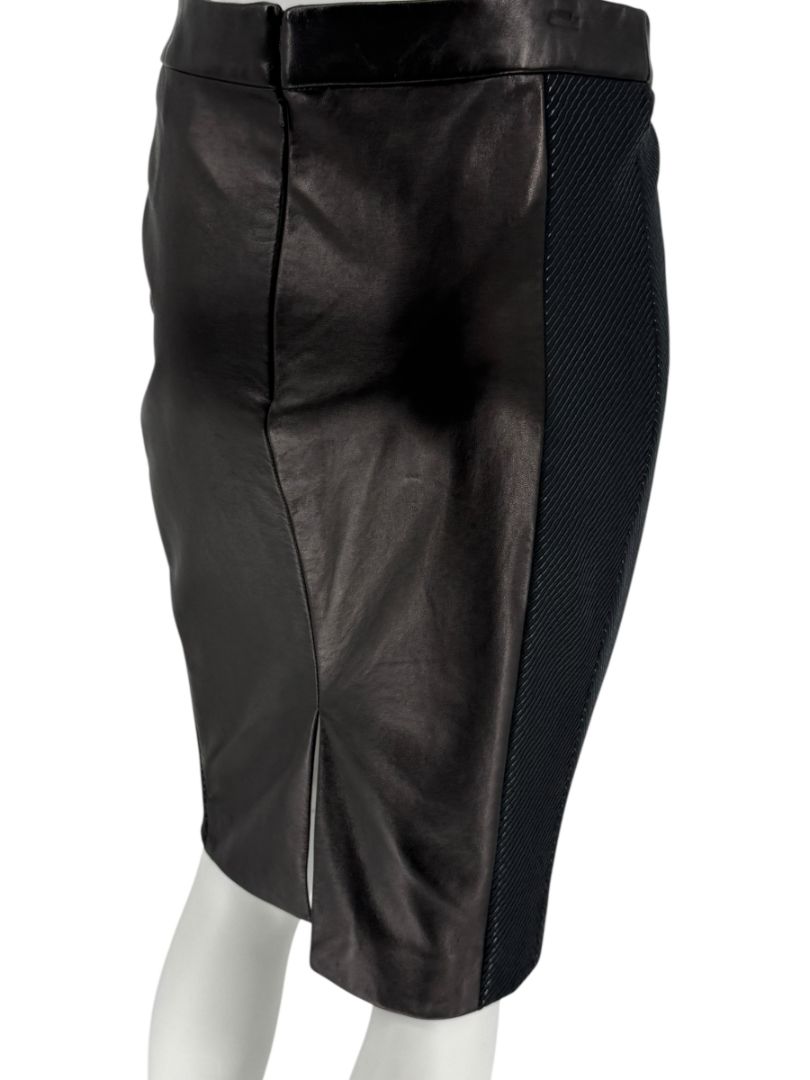 Pamella Roland Black Leather & Textured Knit Pencil Skirt – Large