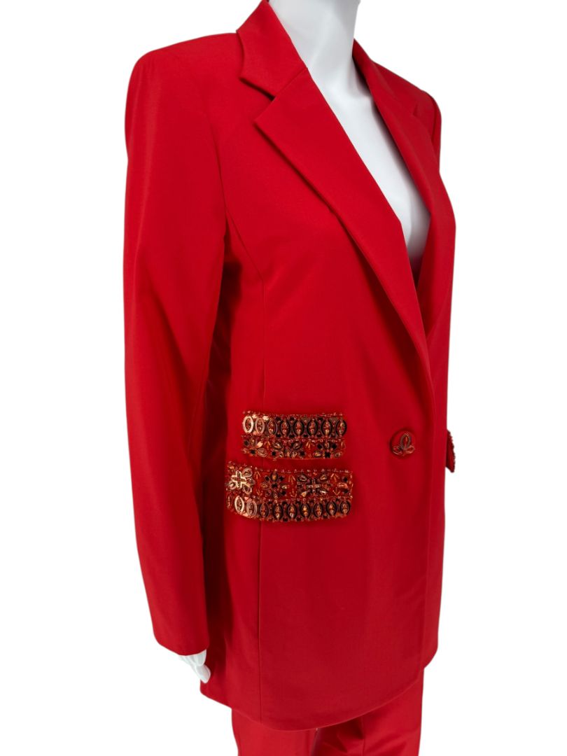 Pamella Roland Red Crystal Embellished Pocket Pant Suit – Large