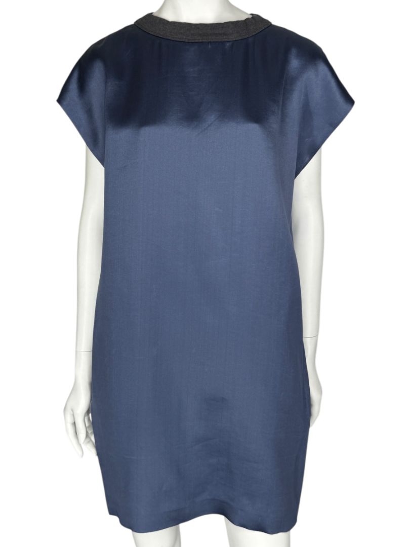 NWT Brunello Cucinelli Navy Silk Shift Dress with Contrast Trim – Size XL