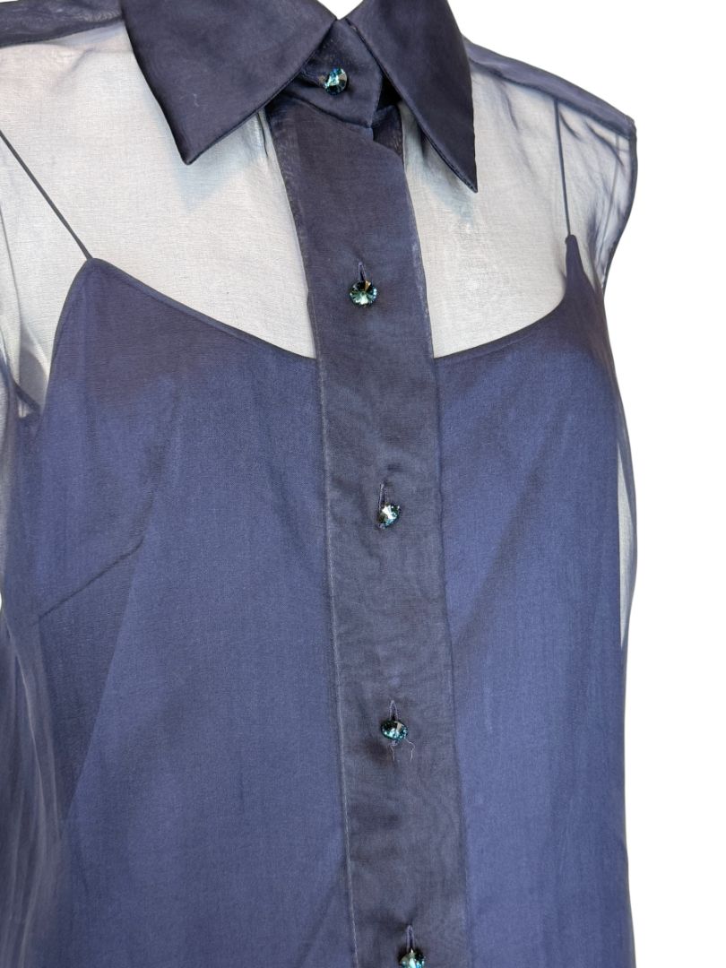 Pamella Roland Navy Organza Sleeveless Blouse with Jewel Buttons - Large