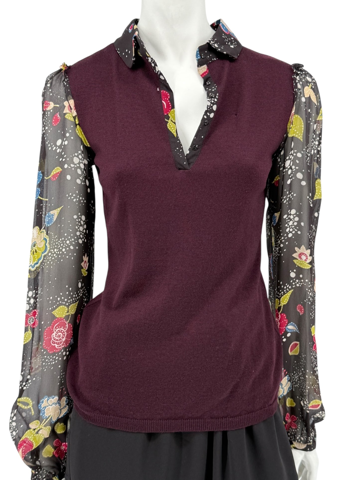Moschino Virgin Wool Sweater with Sheer Floral Sleeves – Size 8 (IT 38)